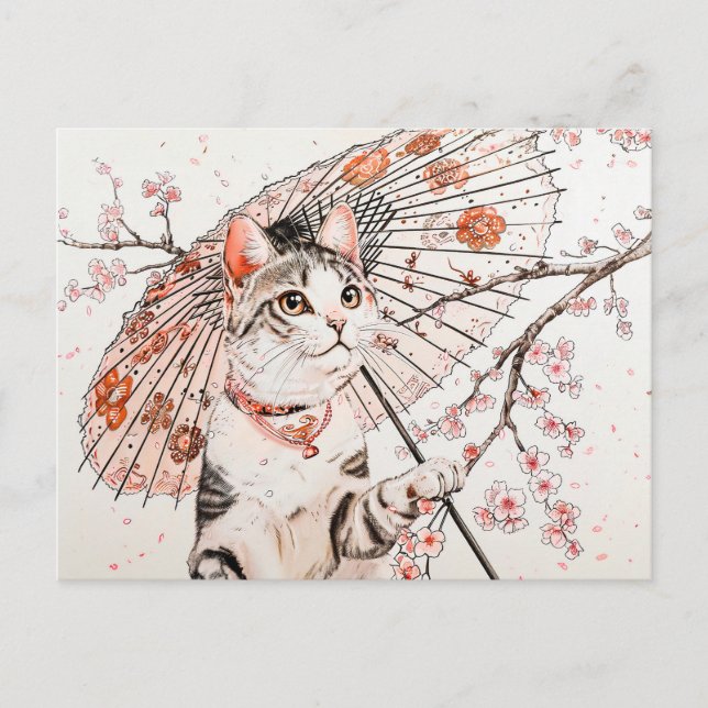 Gracful Geisha Cat med Ornate Parasol och Cherry Vykort (Framsida)