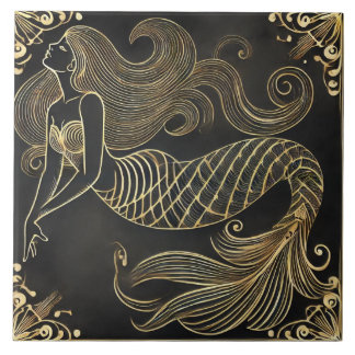 Gracful Golden Sjöjungfru Art Deco Kakelplatta