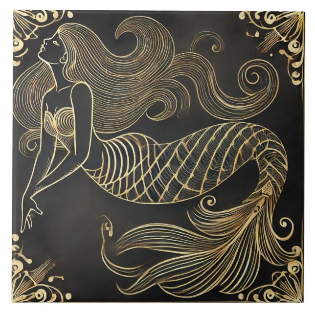 Gracful Golden Sjöjungfru Art Deco Kakelplatta (Framsidan)