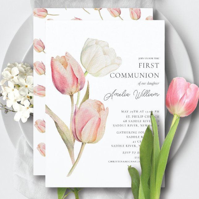 Gracful Tulips First Communion Inbjudningar (Skapare uppladdad)
