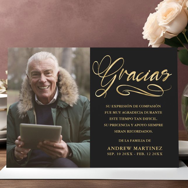 Gracias Elegant Guld & Black Photo Spansk begraver Tack Kort (Skapare uppladdad)