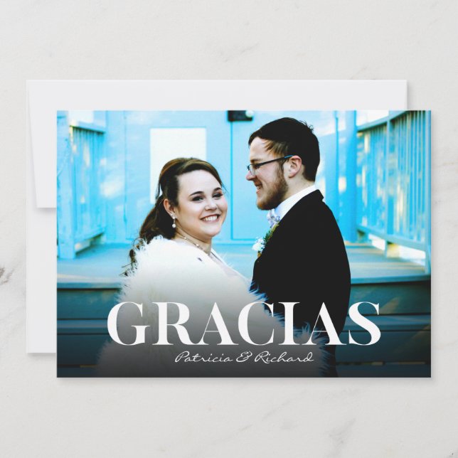 Gracias Modern Font Bröllop Tack Photo Kort (Framsida)