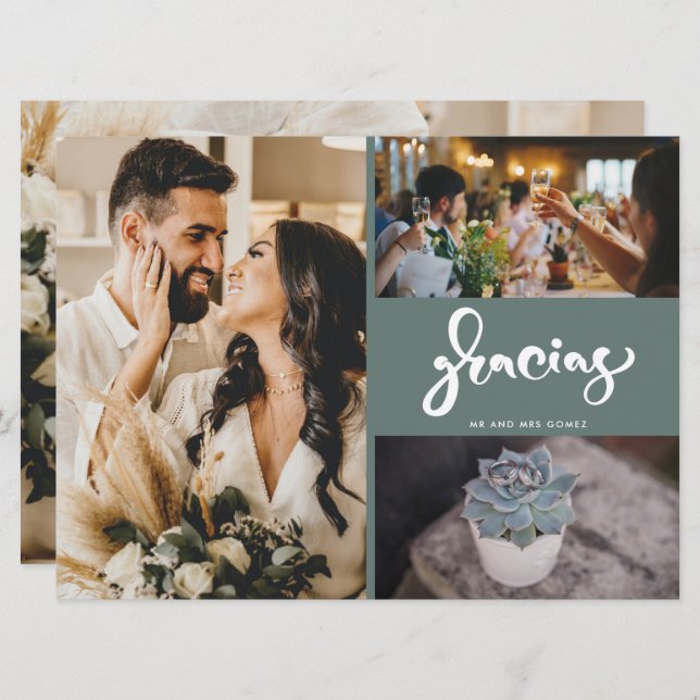 Gracias Photo Collage Grönt Bröllop Tack (Fram/baksida)