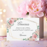 GRACIAS por venir Rosa Spain Quinceañera Quince Tack Kort<br><div class="desc">Gorgous elegant Quinceañera (Mis Quince Años) vattenfärgsfärgad blommigt GRACIAS por venir tack vare dina kort.  rosa ros med grönt och faux guld ram. Faux glitter har klänning i rosa. Redigerbar mall - lätt att lägga till text - spanska ord. Perfekt för flickans femtonde födelsedagsfest.</div>