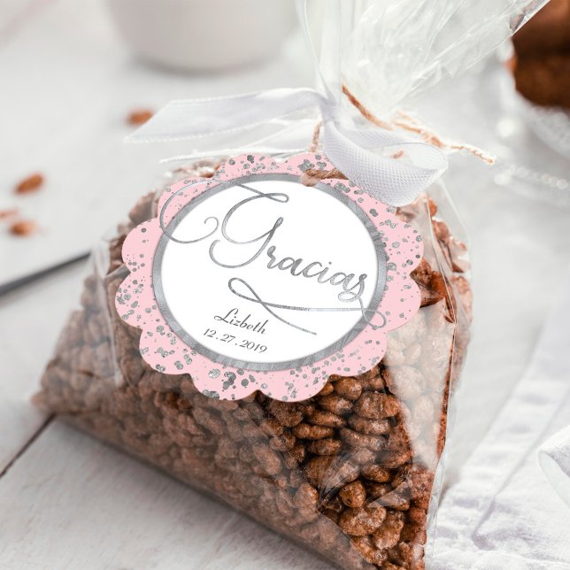 Gracias  Rosa Silver Confetti Gift Tack Gåvor Etiketter (Skapare uppladdad)