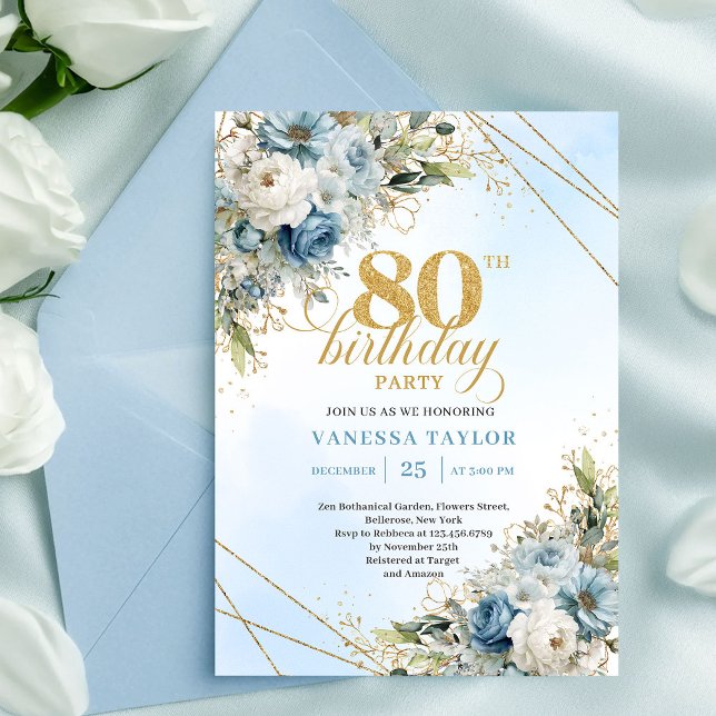 Graciös 80-års födelsedagsinbjudan Bohemiska blomm Inbjudningar (Graceful 80th Birthday Invitation Bohemian Flowers Gold)