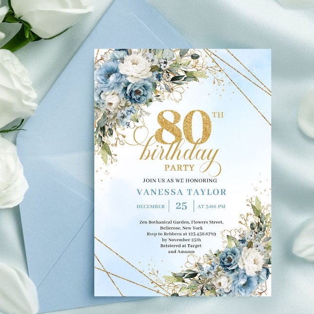 Graciös 80-års inbjudan Bohemska blommor (Graceful 80th Birthday Invitation Bohemian Flowers Gold)
