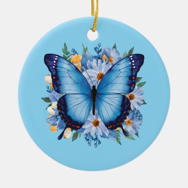 Graciös blå fjäril på blommor julgransprydnad keramik (Framsidan)