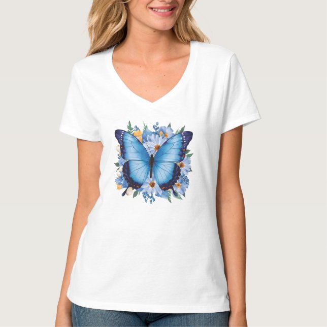 Graciös blå fjäril på blommor t shirt (Framsida)
