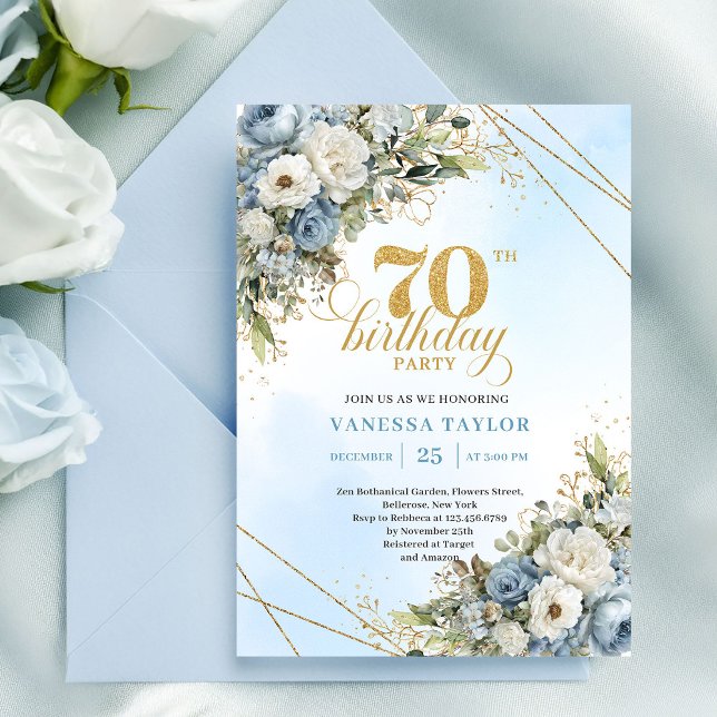 Graciös dammig blå eukalyptus guld 70-årsfirande  inbjudningar (Graceful dusty blue eucalyptus gold 70th birthday invite

)
