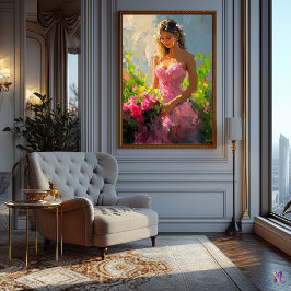 Graciös kvinna i blomsterträdgård i impressionisti poster