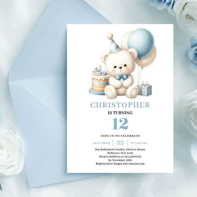 Graciös nalleblå ballonger pojke födelsedag inbjudningar (Graceful teddy bear blue balloons boy birthday invite

)