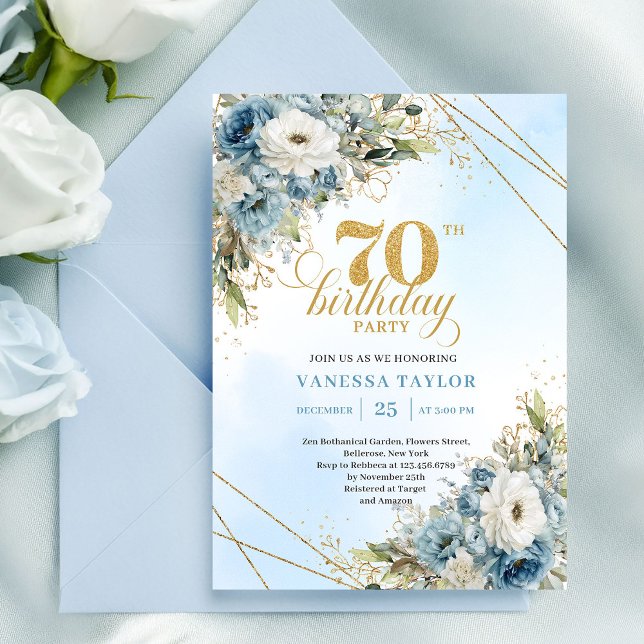 Graciösa bohemiska blå blommor guld 70-årsdag  inbjudningar (Graceful bohemian blue flowers gold 70th birthday invite

)