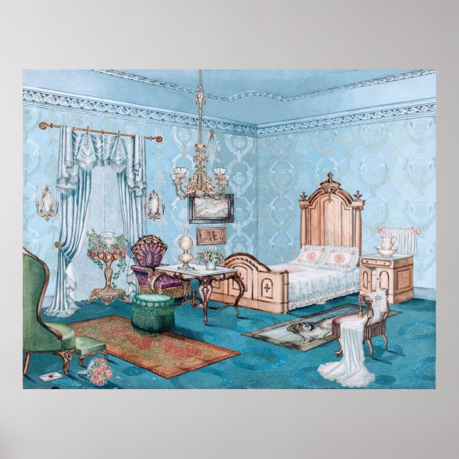 Gracious Blue Victorian Bedroom Poster (Framsidan)