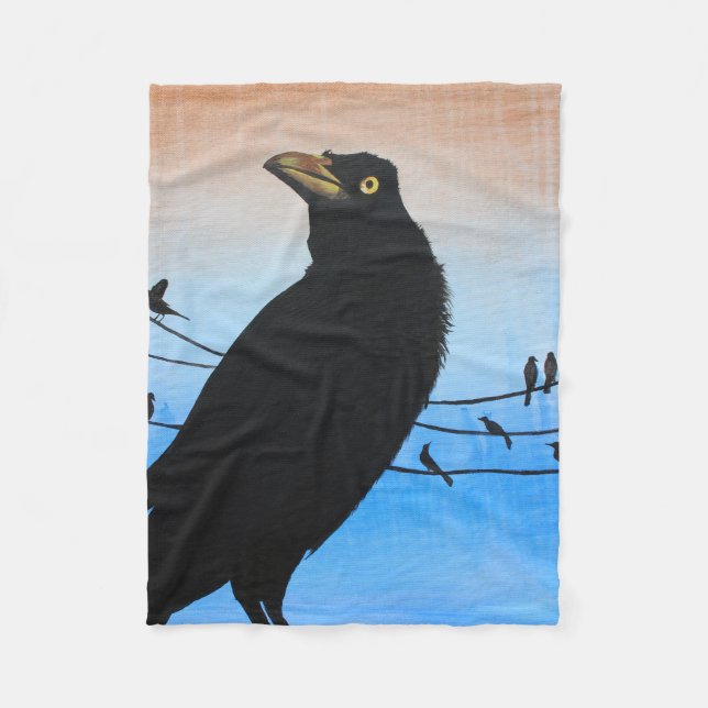 Grackle Austin Texas Svart Fågel Vilda Liv Måleri Fleecefilt (Framsidan)