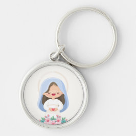 Gracnice Kawaii Virgin Mary Holding Heart - White Rund Silverfärgad Nyckelring