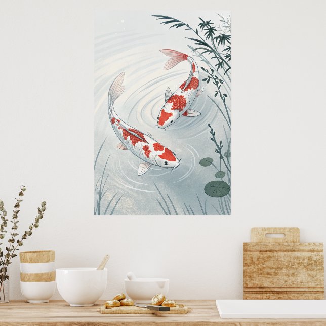 "Gracnice Koi: Serene Vatten Garden Illustration Poster (Kök)