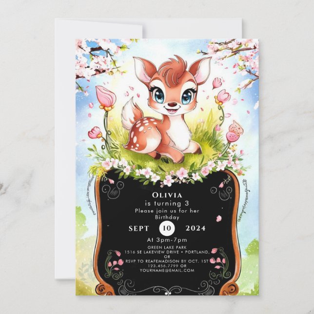 Gracnice Woodland Fawn Birthday Inbjudningar (Framsida)