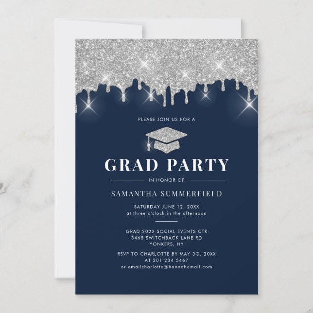 Grad 2022 Studentfesten Silver Glitter Inbjudningar (Framsida)