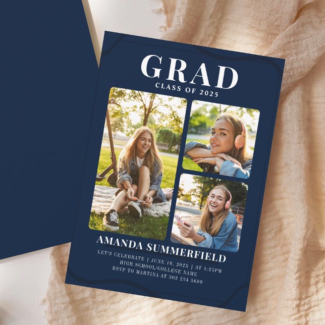 Grad 3 Photo Collage Navy Blue Studentfest Inbjudningar (Grad 3 Photo Collage Navy Blue Graduation Party Invitation)