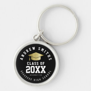 Grad Black keychain med namn och klassår Rund Silverfärgad Nyckelring