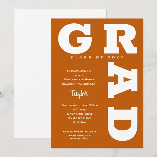 GRAD Burnt Orange Studenten Inbjudningar (Fram/baksida)