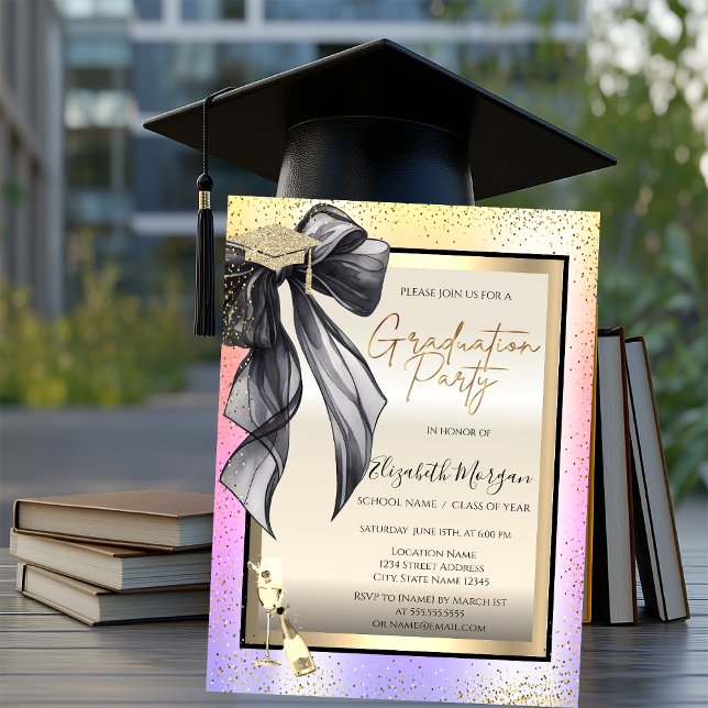 Grad Cap,Black Bow Wine Glass,Confetti Ombre  Inbjudningar (Skapare uppladdad)