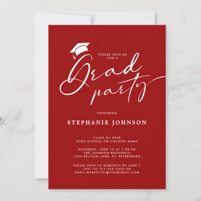 Grad Cap Calligraphy Crimson Red Studentfest Inbjudningar (Framsida)
