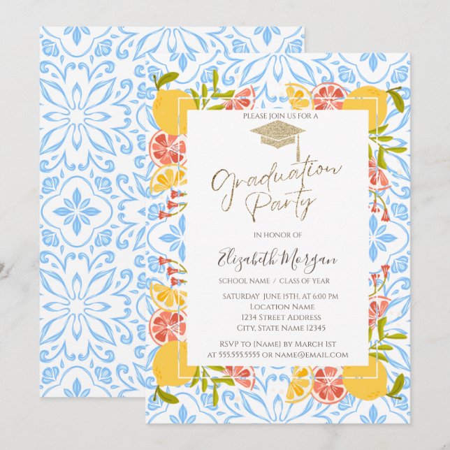 Grad Cap,Citrus Mediterranean Blue Studenten Inbjudningar (Fram/baksida)