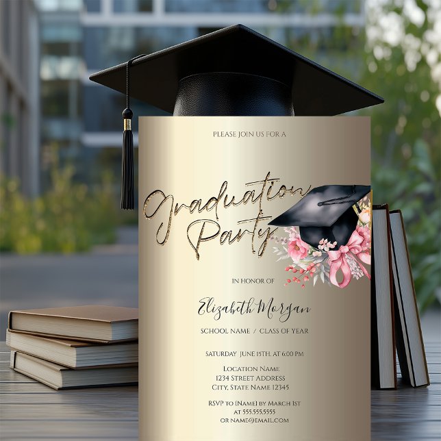 Grad Cap Flowers Bow Your Photo Gold Graduation Inbjudningar (Skapare uppladdad)