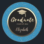 Grad Cap för guld Glitter,Konfettblått Runt Klistermärke<br><div class="desc">Guld glitter studentmössa,  bestrida ditt namn.</div>