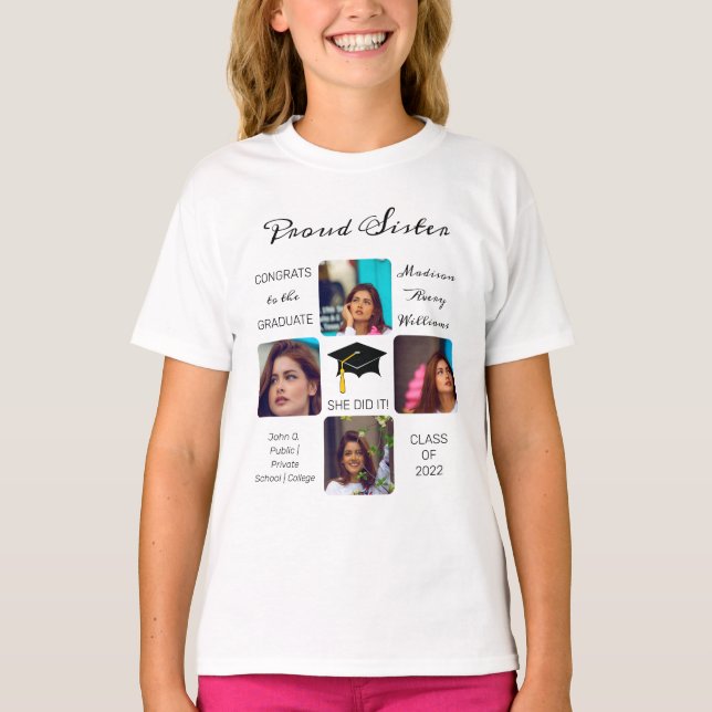 Grad Cap Många Photo Grad Keepsaké Proud Sister T Shirt (Framsida)