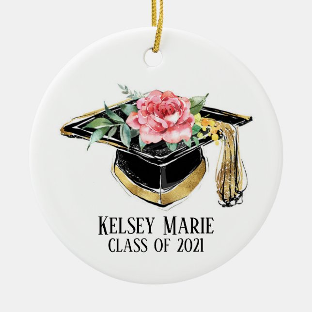 Grad Cap med blommor Studenten Keepsaké Julgransprydnad Keramik (Framsidan)