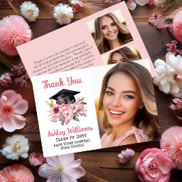 Grad Cap och Rosa Blommigt 3 Photo Studenten Tack Kort
