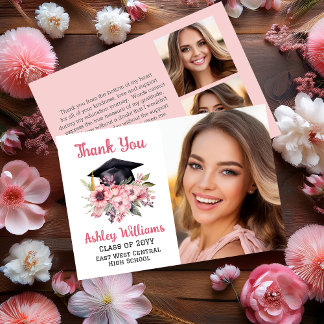 Grad Cap och Rosa Blommigt 3 Photo Studenten Tack Kort