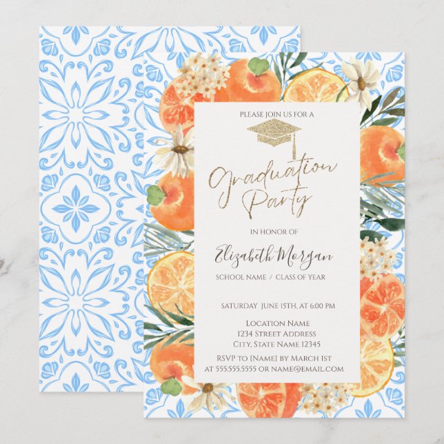 Grad Cap,Orange Mediterranean Blue Studenten Inbjudningar (Fram/baksida)