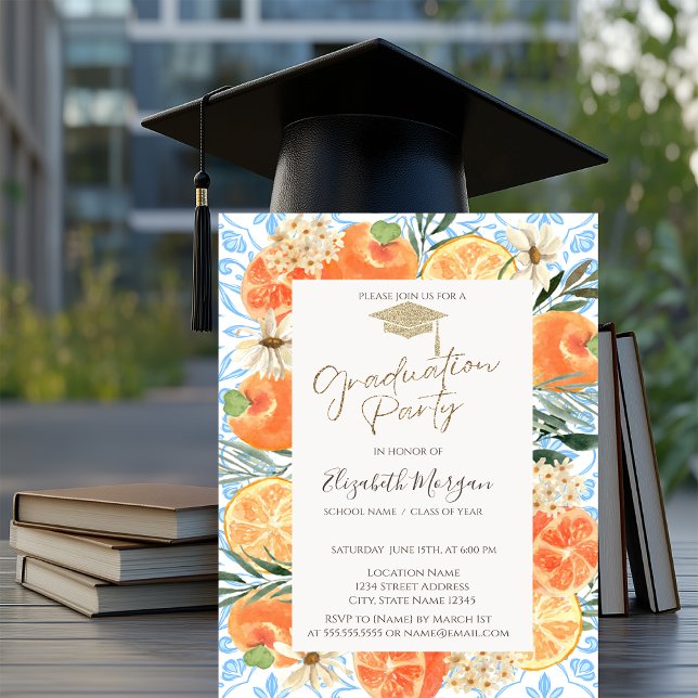 Grad Cap,Orange Mediterranean Blue Studenten Inbjudningar (Skapare uppladdad)