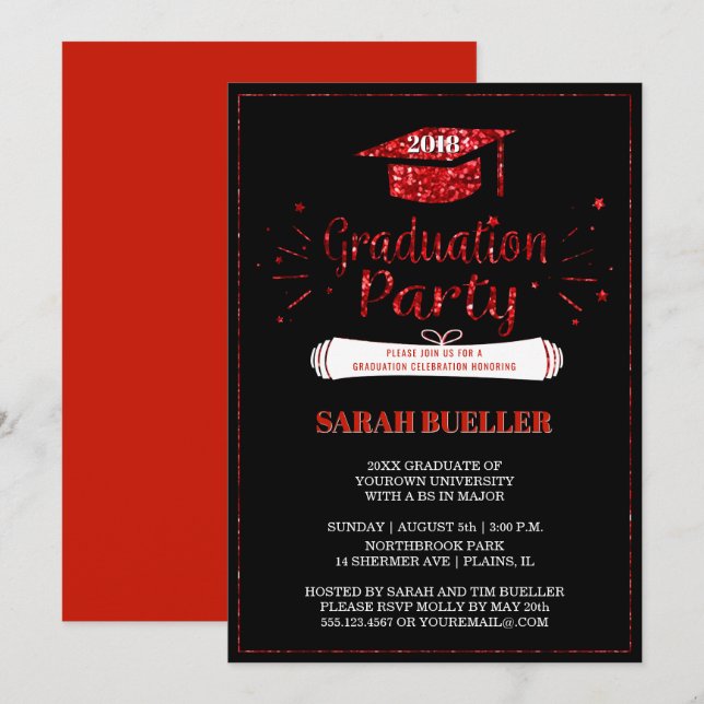 Grad Cap Red Glitter 2018 Studentfest Inbjudningar (Fram/baksida)