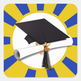 Grad Cap School Färg Blue och Guld Fyrkantigt Klistermärke