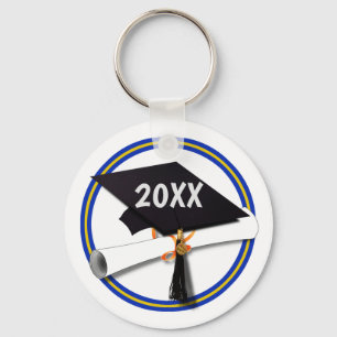 Grad Cap School Färg Guld och Blue Nyckelring