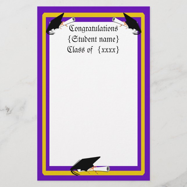 Grad Cap Tilt & Diploma w/ Färg Lila & Guld Brevpapper (Framsida)