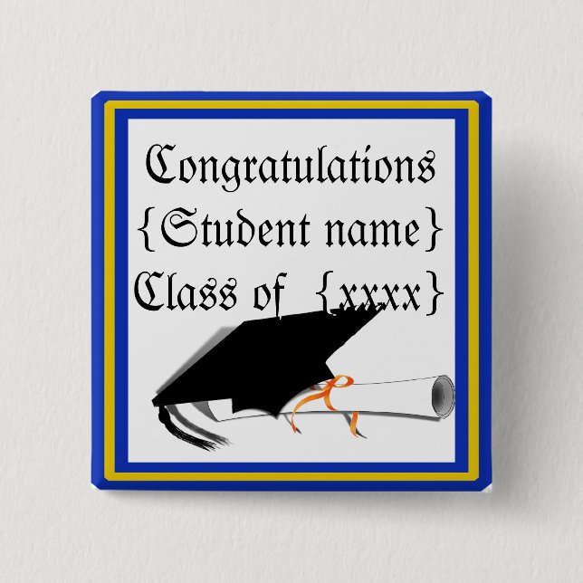 Grad Cap Tilt w/ School Färg Blue and Guld Knapp (Framsida)