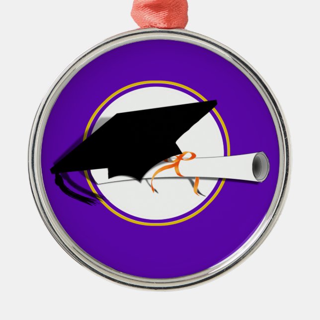Grad Cap Tilt w/ School Färg Lila and Guld Julgransprydnad Metall (Framsidan)