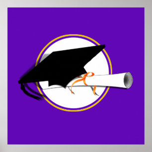 Grad Cap Tilt w/ School Färg Lila and Guld Poster