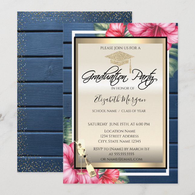 Grad Cap,Vin-glas,Hibiscus Blue Wood Studenten Inbjudningar (Fram/baksida)