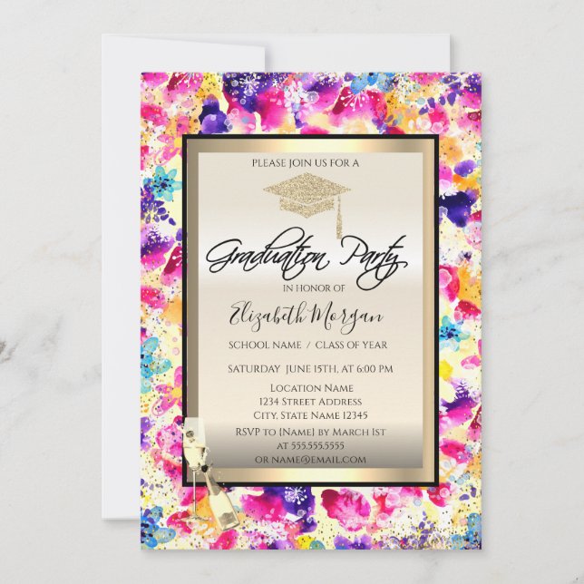 Grad Cap,Vin-glas,Konfetti Flowers Studenten Inbjudningar (Framsida)