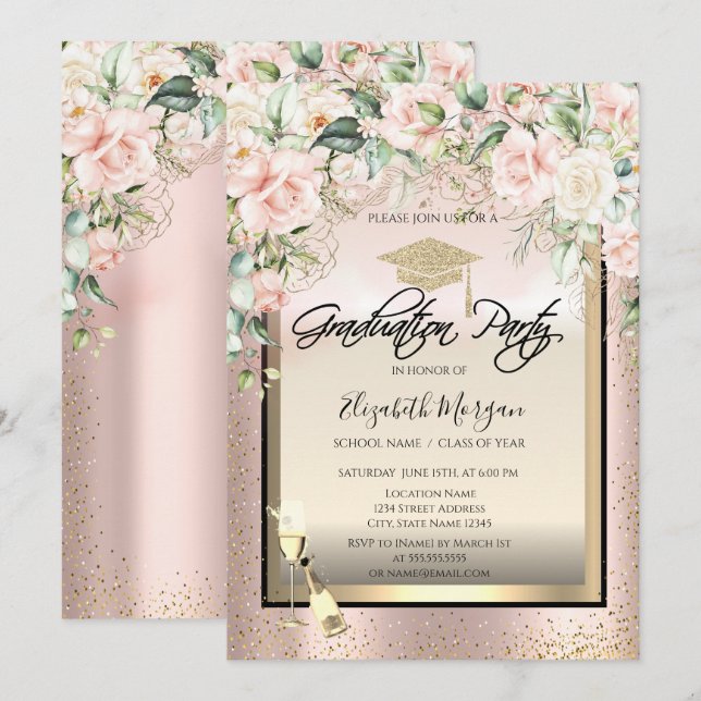 Grad Cap,Vin-glas,Konfetti Ro Studenten Inbjudningar (Fram/baksida)