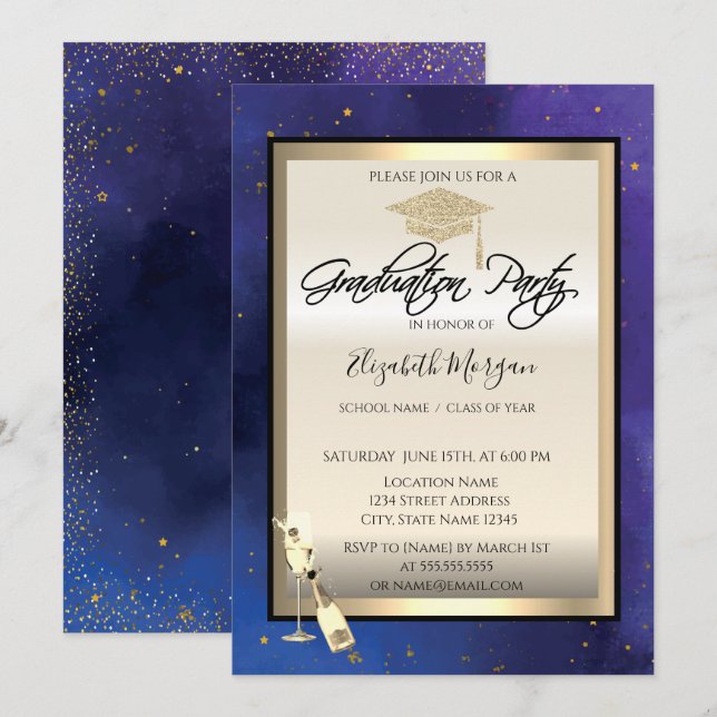Grad Cap,Vin-glas,Stars Navy Blue Studenten Inbjudningar (Fram/baksida)