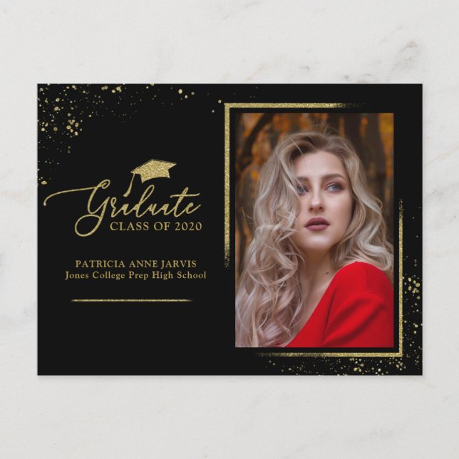 Grad Chic Examenstillkännagivande Guldglitter Vykort (Framsida)