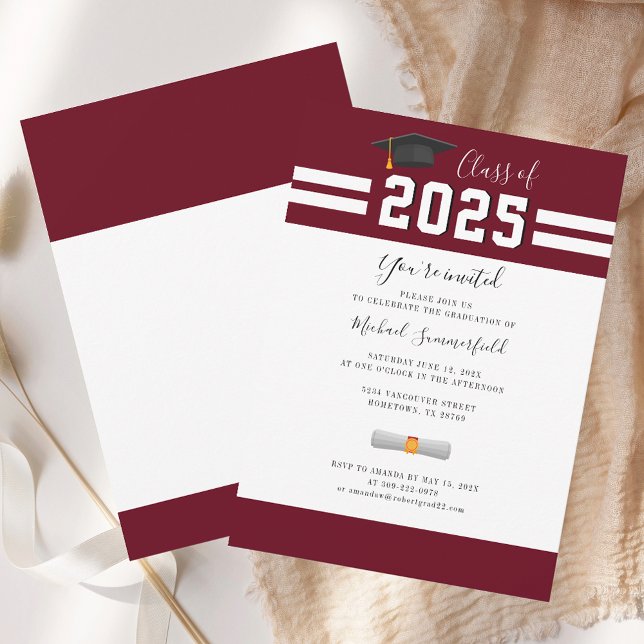 Grad Class of 2025 Studentfest Burgundy Inbjudningar (Grad Class of 2025 Graduation Party Burgundy Invitation)